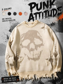 Distressed Skull Drop-Shoulder Sweater