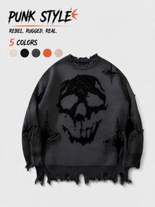 Distressed Skull Drop-Shoulder Sweater
