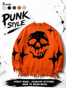 Distressed Skull Drop-Shoulder Sweater