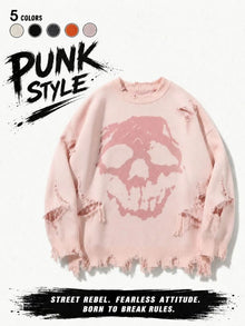 Distressed Skull Drop-Shoulder Sweater