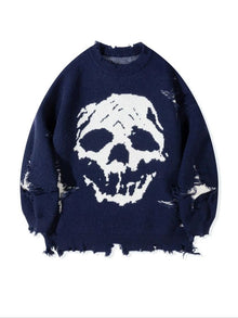 Distressed Skull Drop-Shoulder Sweater