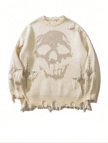Distressed Skull Drop-Shoulder Sweater