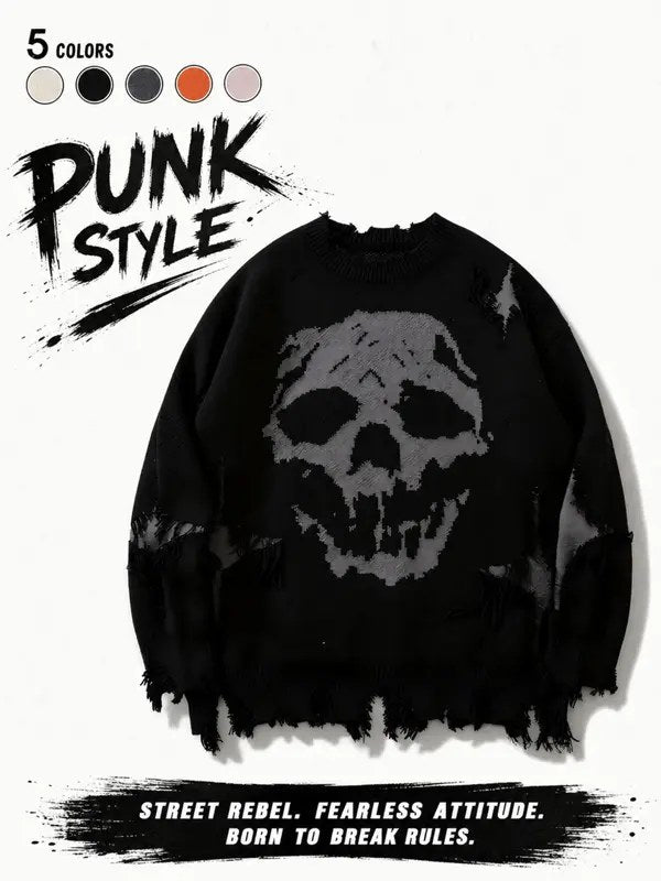 Distressed Skull Drop-Shoulder Sweater