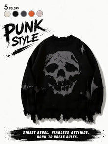 Distressed Skull Drop-Shoulder Sweater